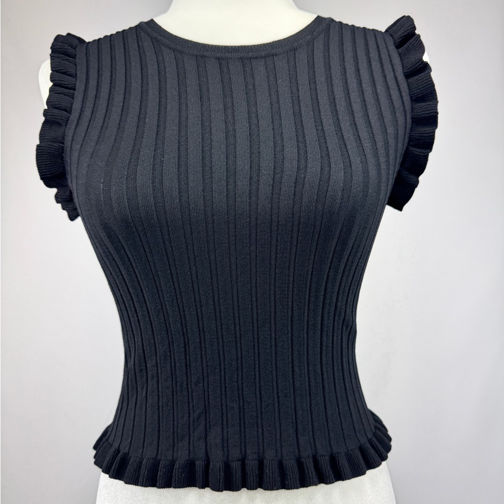 Zara Women’s Black Ribbed Ruffle Sleeve Knit Top Size S Pre-Owned